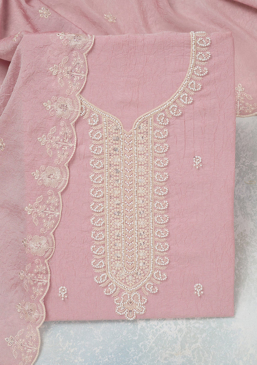 Pink Pearlwork Soft Raw Silk Unstitched Salwar Suit-Koskii