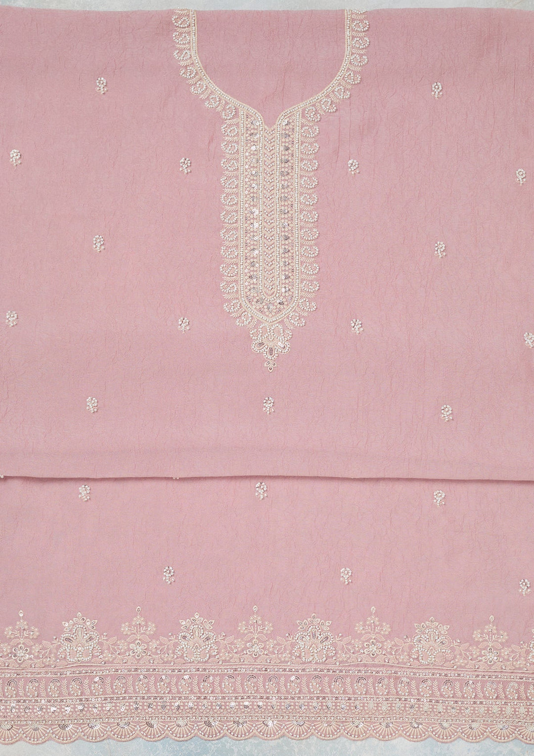 Pink Pearlwork Soft Raw Silk Unstitched Salwar Suit-Koskii