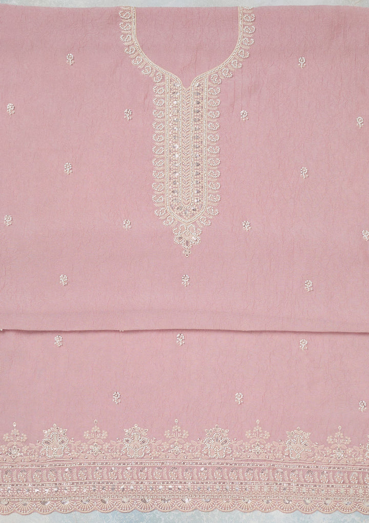 Pink Pearlwork Soft Raw Silk Unstitched Salwar Suit-Koskii