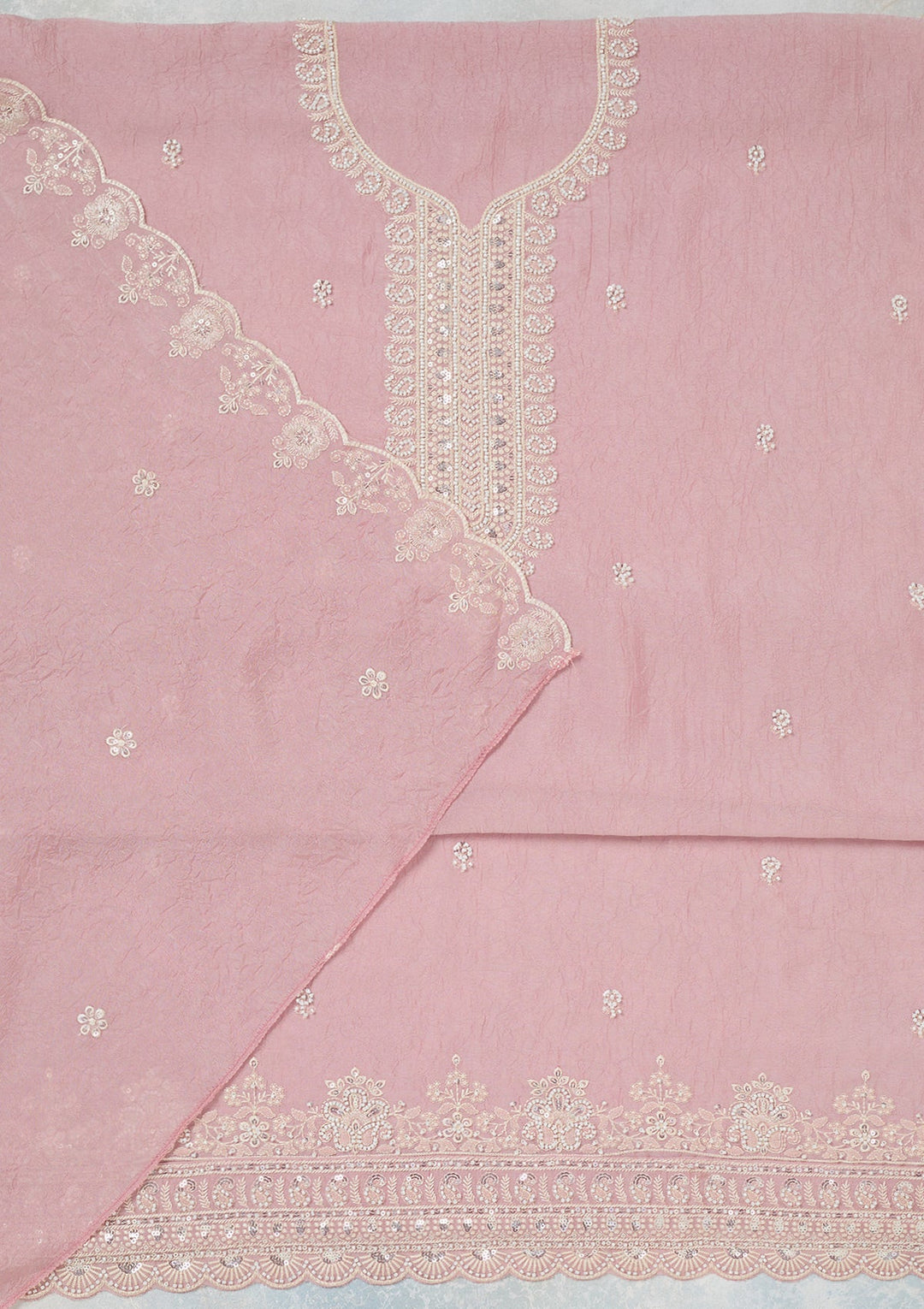 Pink Pearlwork Soft Raw Silk Unstitched Salwar Suit-Koskii