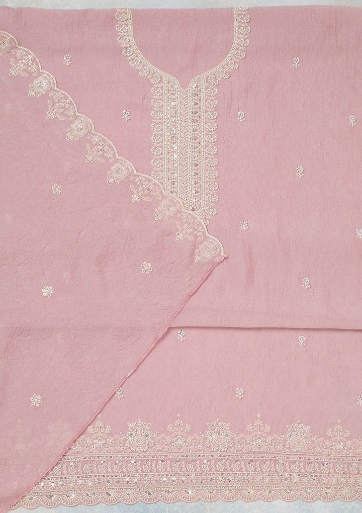 Pink Pearlwork Soft Raw Silk Unstitched Salwar Suit-Koskii