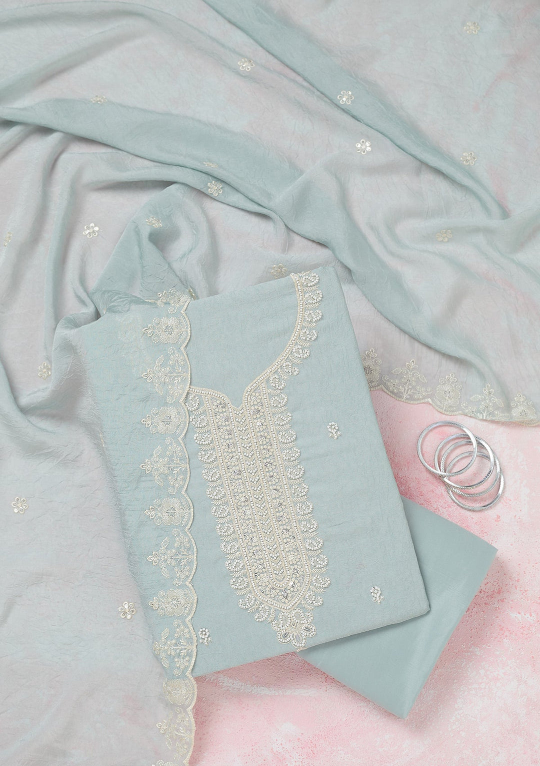 Sea Green Pearlwork Soft Raw Silk Unstitched Salwar Suit-Koskii