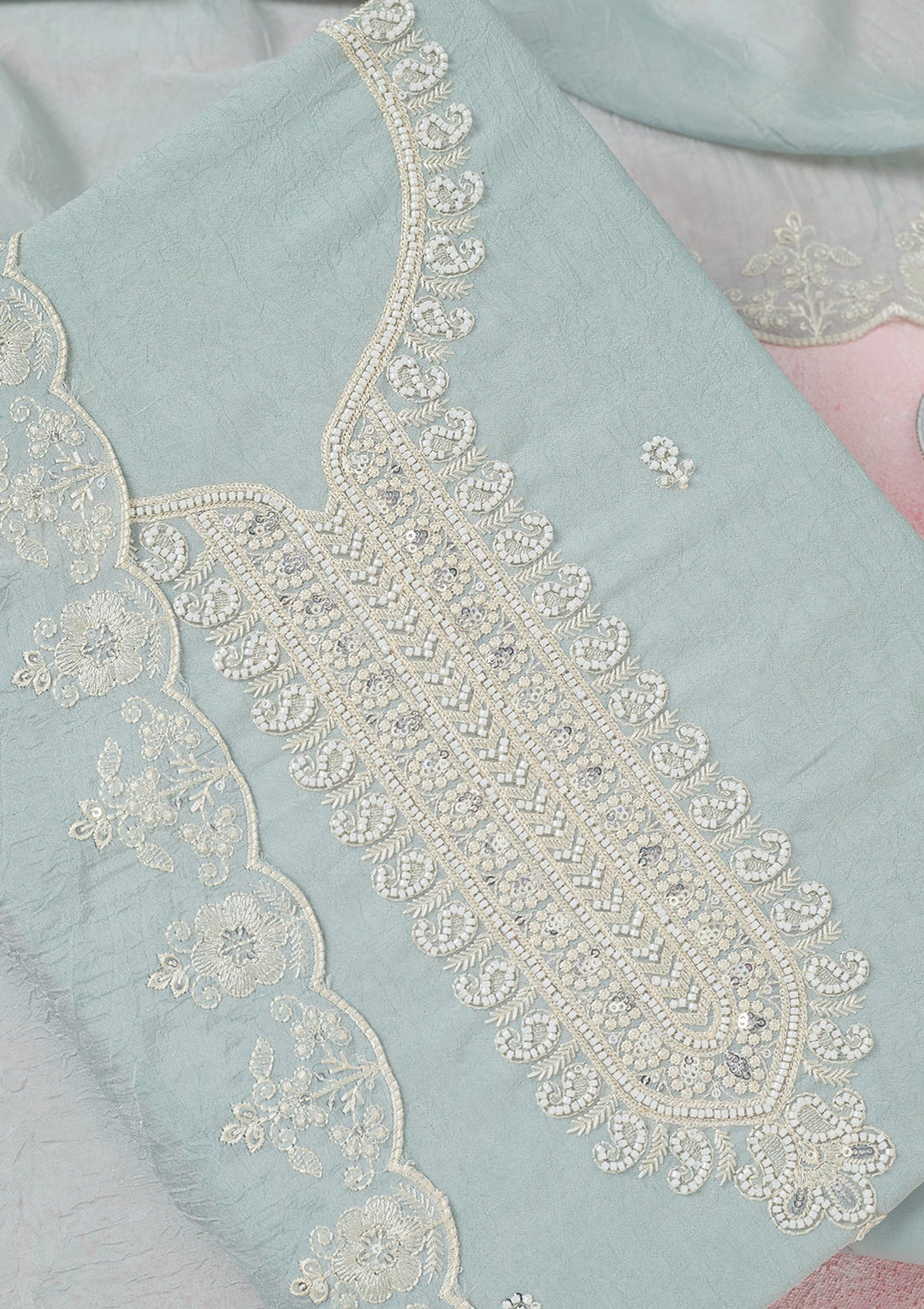 Sea Green Pearlwork Soft Raw Silk Unstitched Salwar Suit-Koskii