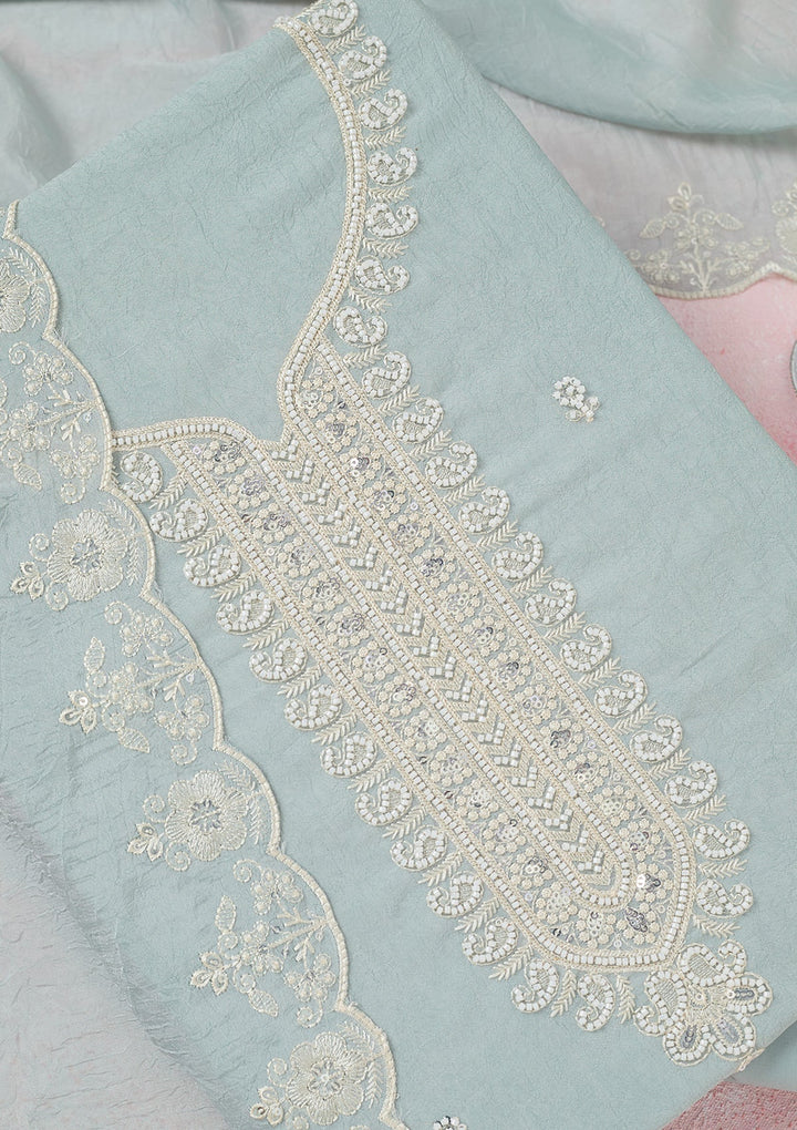 Sea Green Pearlwork Soft Raw Silk Unstitched Salwar Suit-Koskii