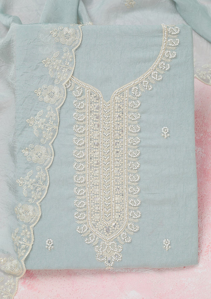 Sea Green Pearlwork Soft Raw Silk Unstitched Salwar Suit-Koskii