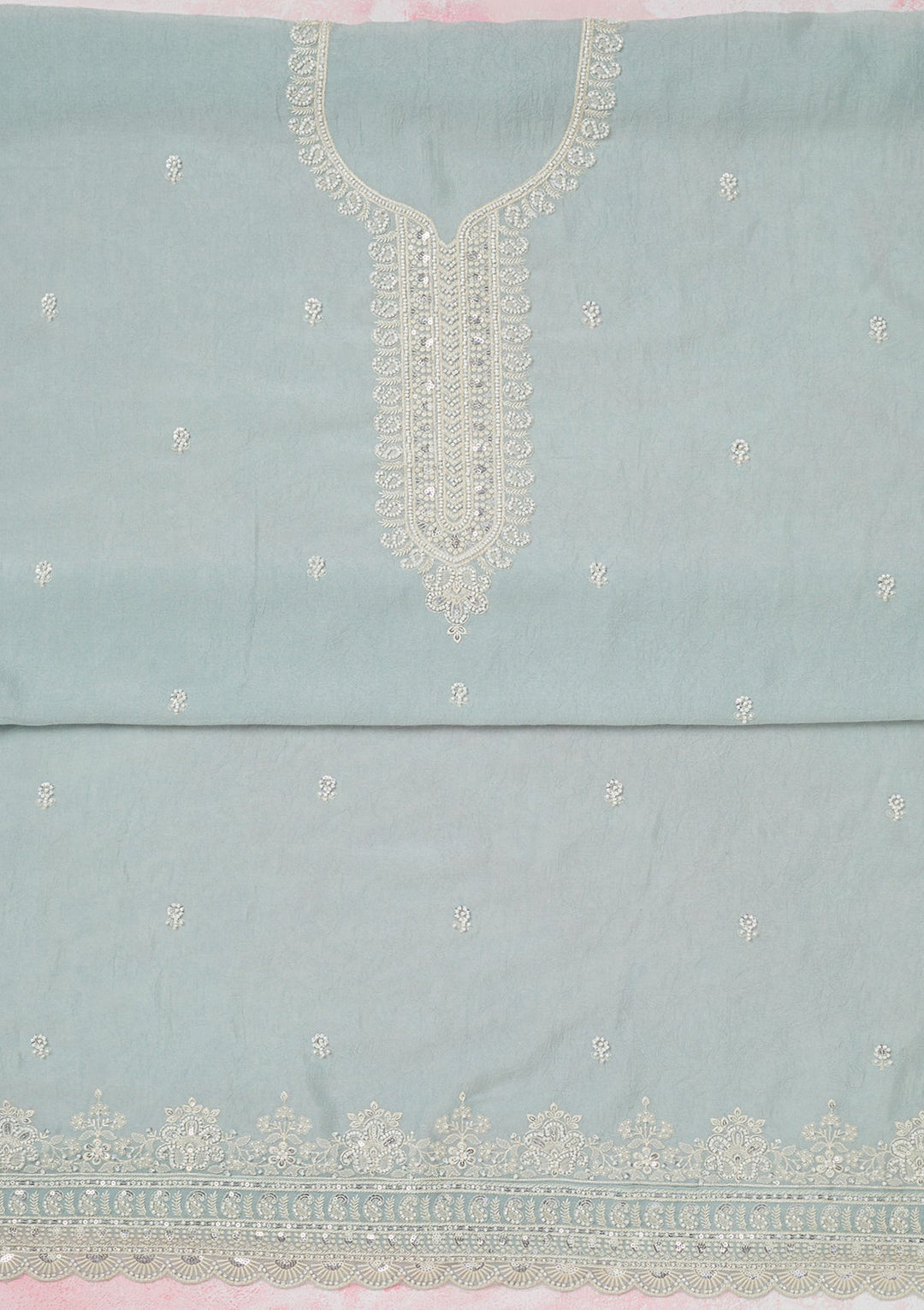 Sea Green Pearlwork Soft Raw Silk Unstitched Salwar Suit-Koskii