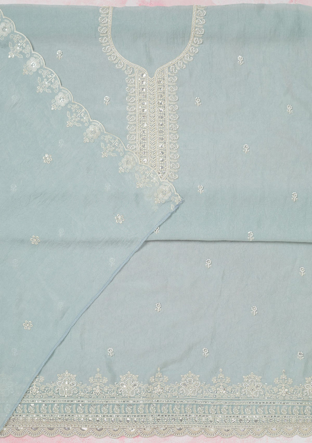Sea Green Pearlwork Soft Raw Silk Unstitched Salwar Suit-Koskii