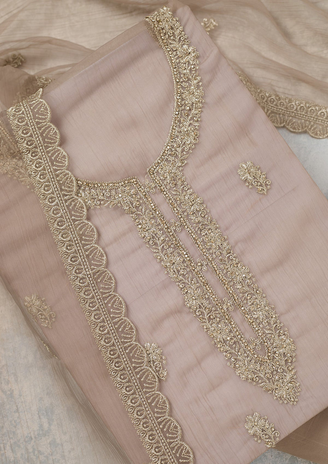 Light Brown Zariwork (Gold) Chiffon Unstitched Salwar Suit-Koskii