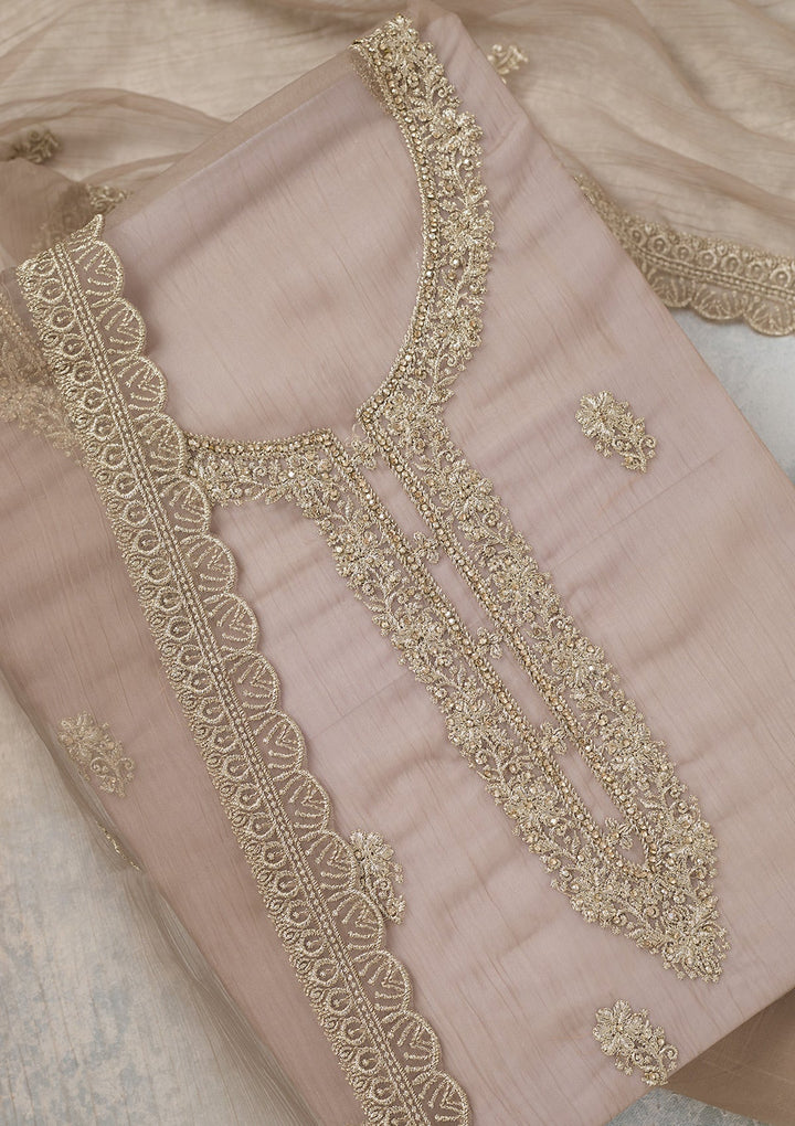 Light Brown Zariwork (Gold) Chiffon Unstitched Salwar Suit-Koskii