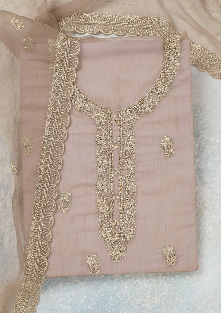 Light Brown Zariwork (Gold) Chiffon Unstitched Salwar Suit-Koskii