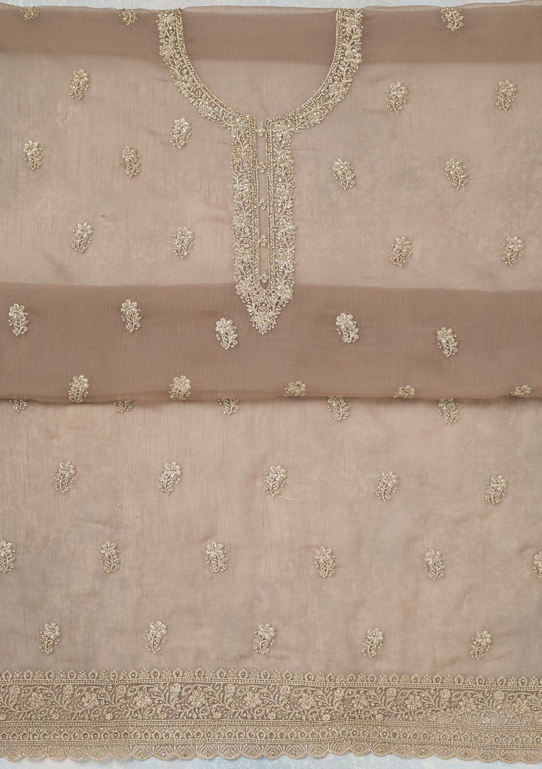 Light Brown Zariwork (Gold) Chiffon Unstitched Salwar Suit-Koskii