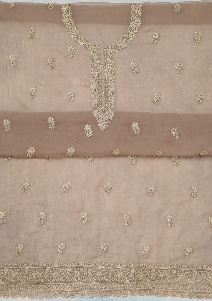 Light Brown Zariwork (Gold) Chiffon Unstitched Salwar Suit-Koskii