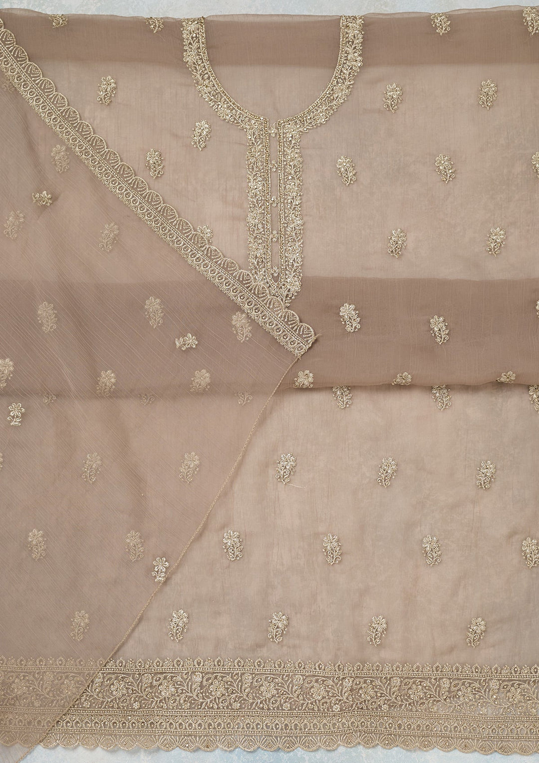 Light Brown Zariwork (Gold) Chiffon Unstitched Salwar Suit-Koskii