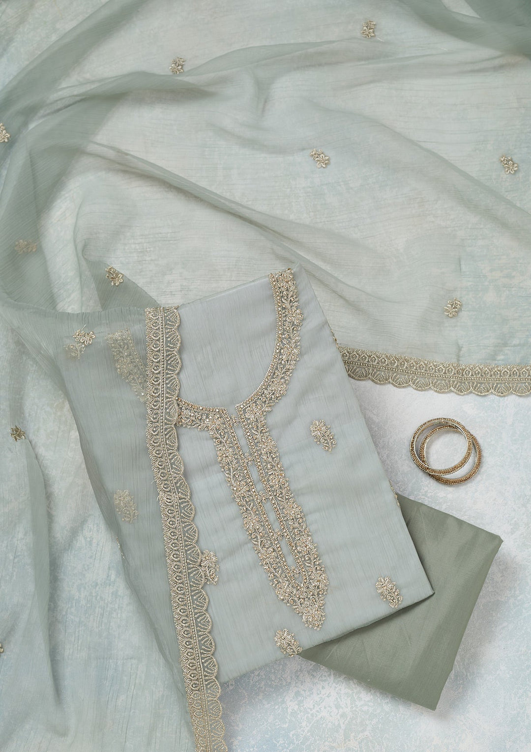 Sea Green Zariwork (Gold) Chiffon Unstitched Salwar Suit-Koskii