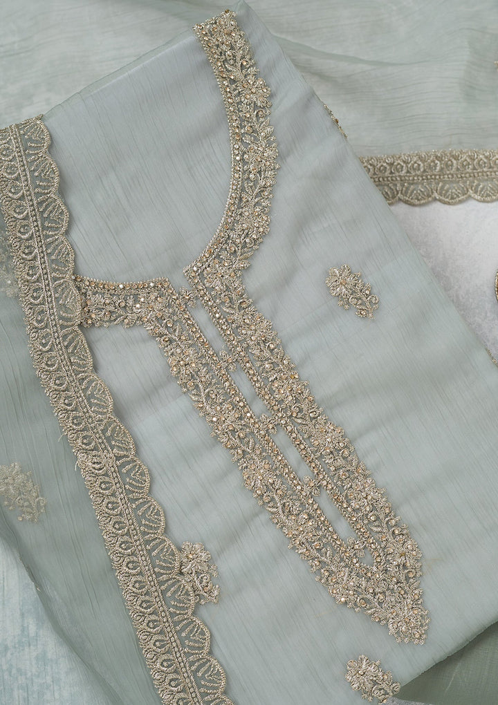 Sea Green Zariwork (Gold) Chiffon Unstitched Salwar Suit-Koskii