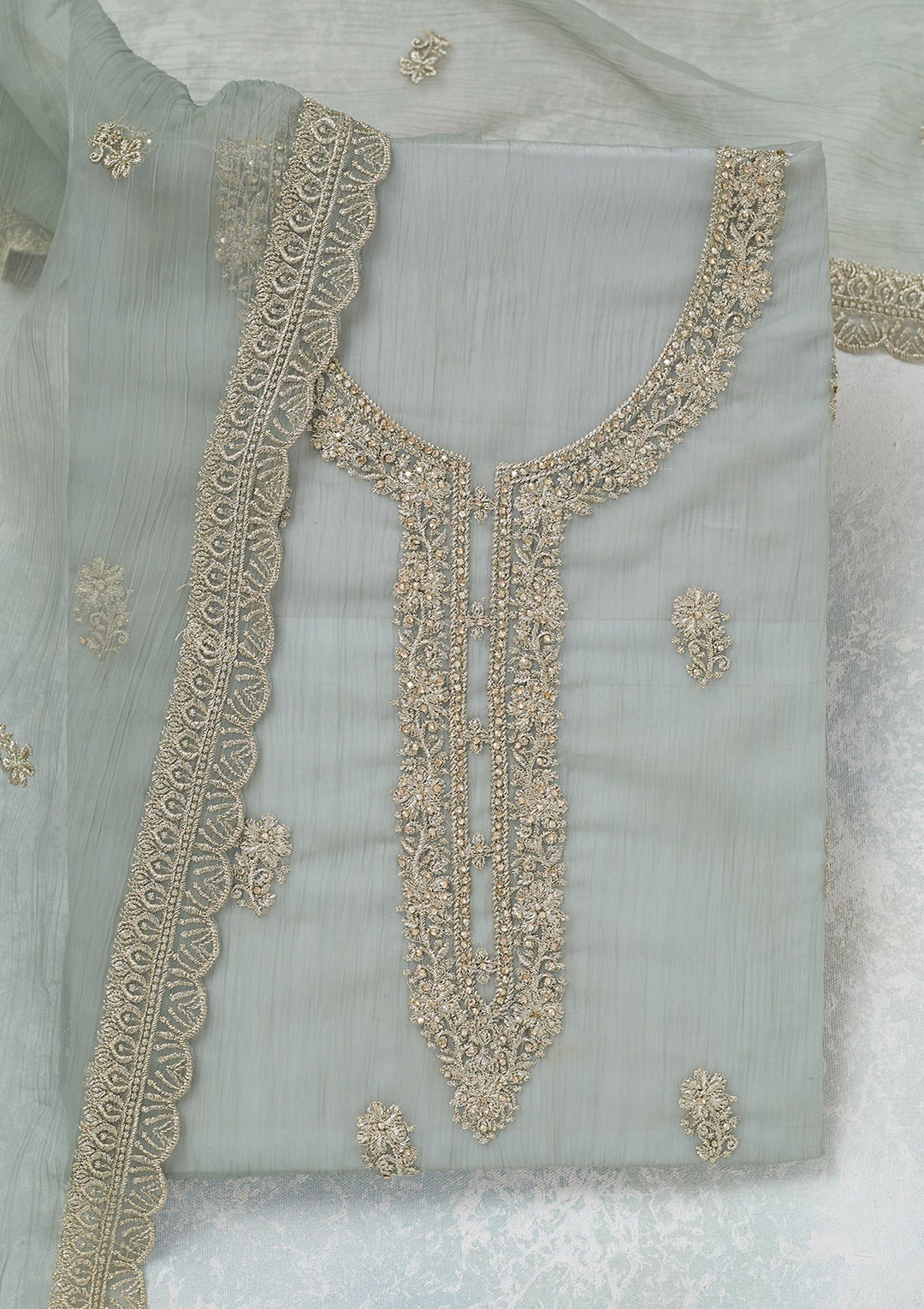 Sea Green Zariwork (Gold) Chiffon Unstitched Salwar Suit-Koskii