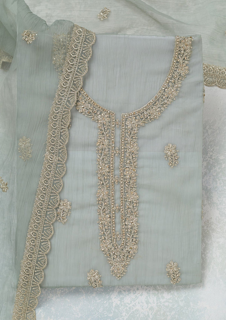 Sea Green Zariwork (Gold) Chiffon Unstitched Salwar Suit-Koskii