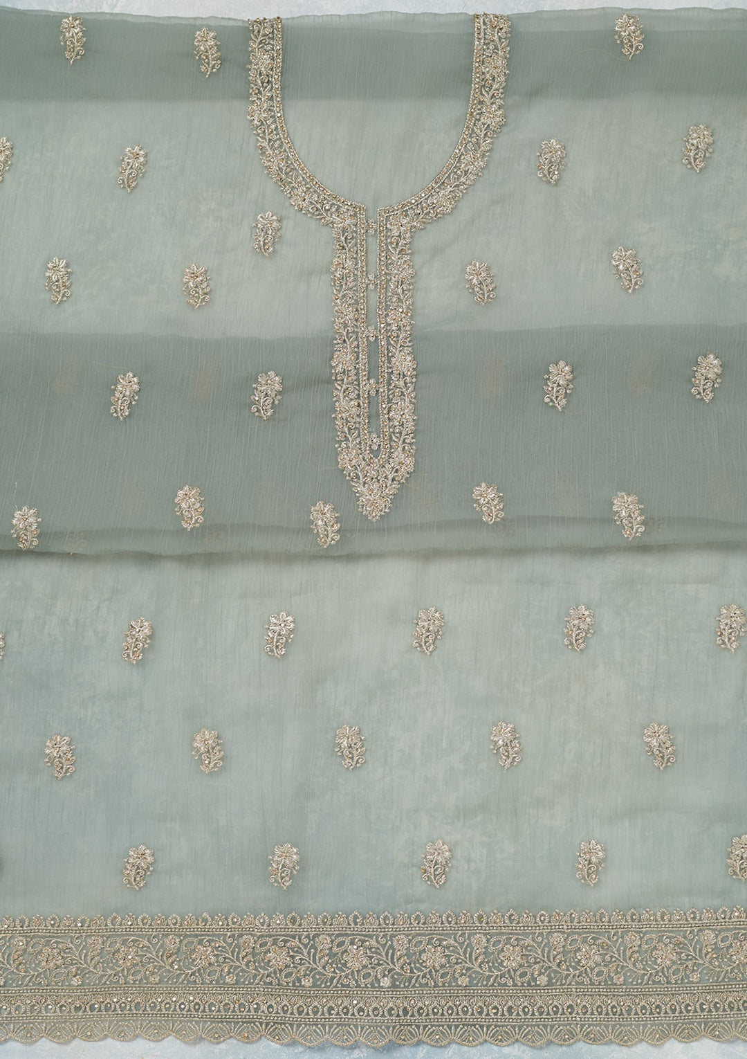 Sea Green Zariwork (Gold) Chiffon Unstitched Salwar Suit-Koskii