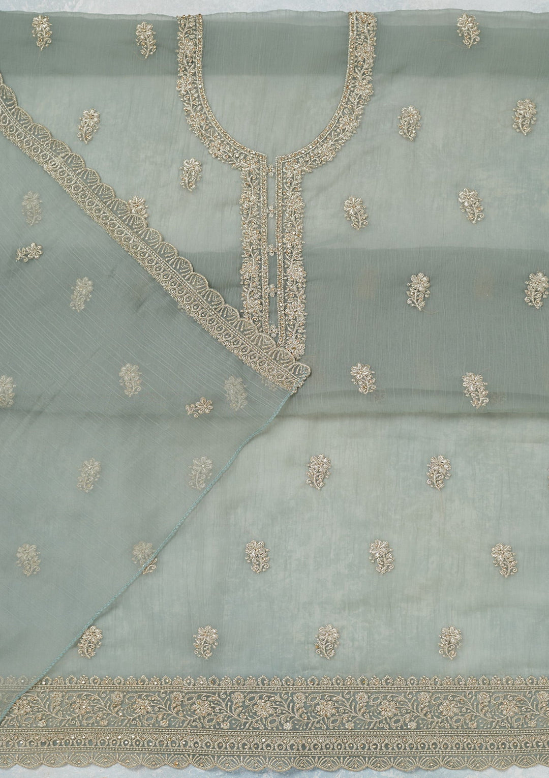 Sea Green Zariwork (Gold) Chiffon Unstitched Salwar Suit-Koskii