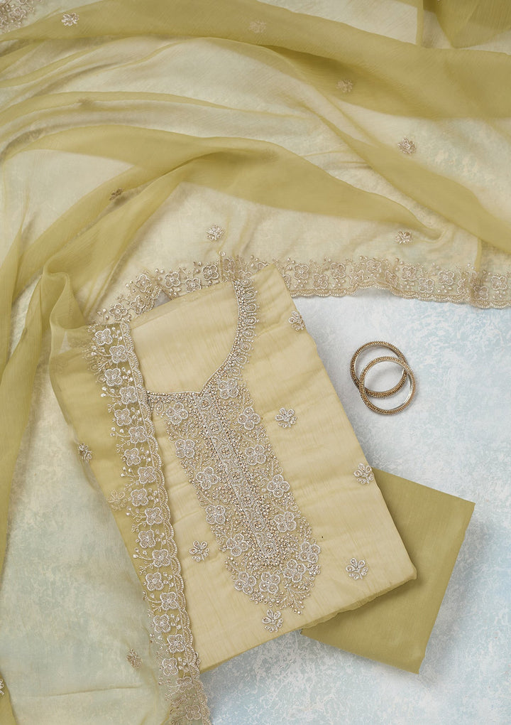 Pista Green Zariwork (Gold) Chinon Unstitched Salwar Suit-Koskii