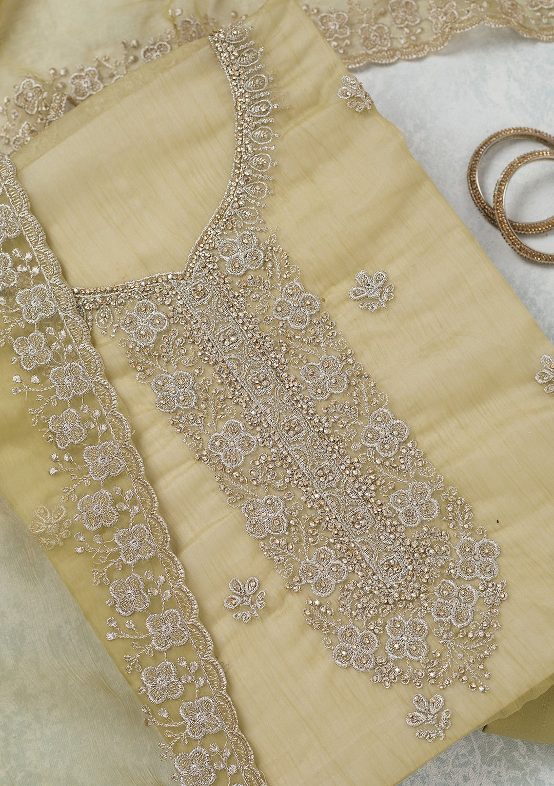 Pista Green Zariwork (Gold) Chinon Unstitched Salwar Suit-Koskii