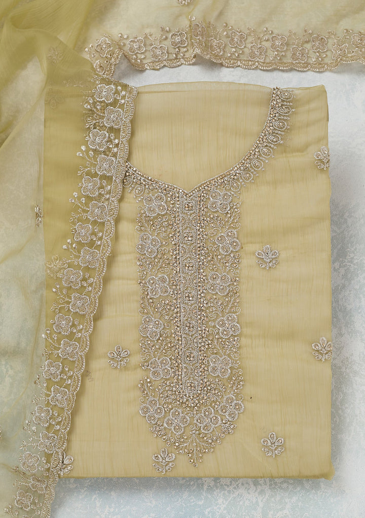 Pista Green Zariwork (Gold) Chinon Unstitched Salwar Suit-Koskii