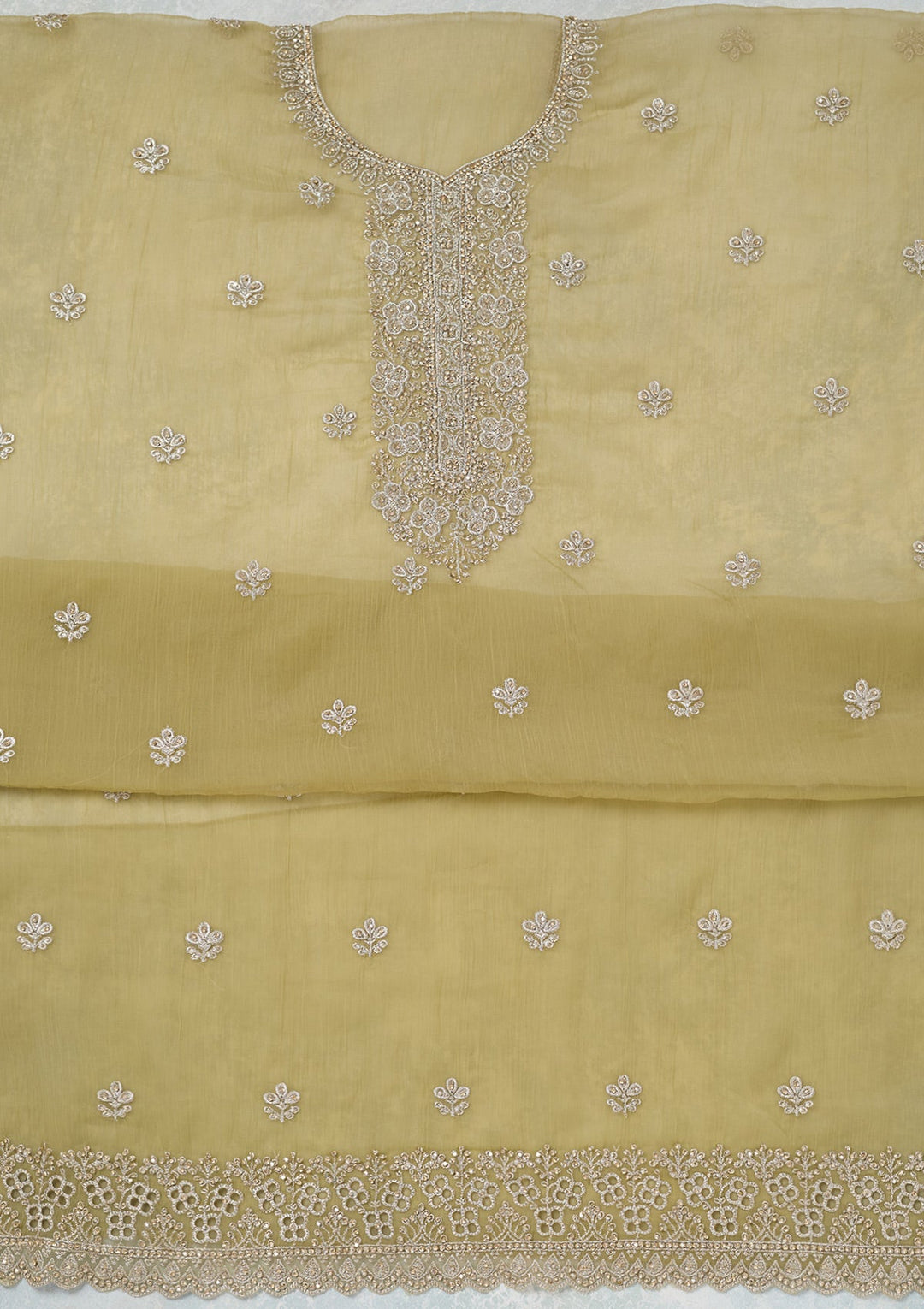 Pista Green Zariwork (Gold) Chinon Unstitched Salwar Suit-Koskii