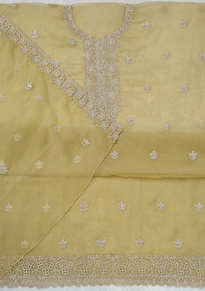 Pista Green Zariwork (Gold) Chinon Unstitched Salwar Suit-Koskii