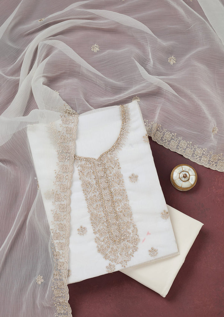 White Zariwork (Gold) Chinon Unstitched Salwar Suit-Koskii
