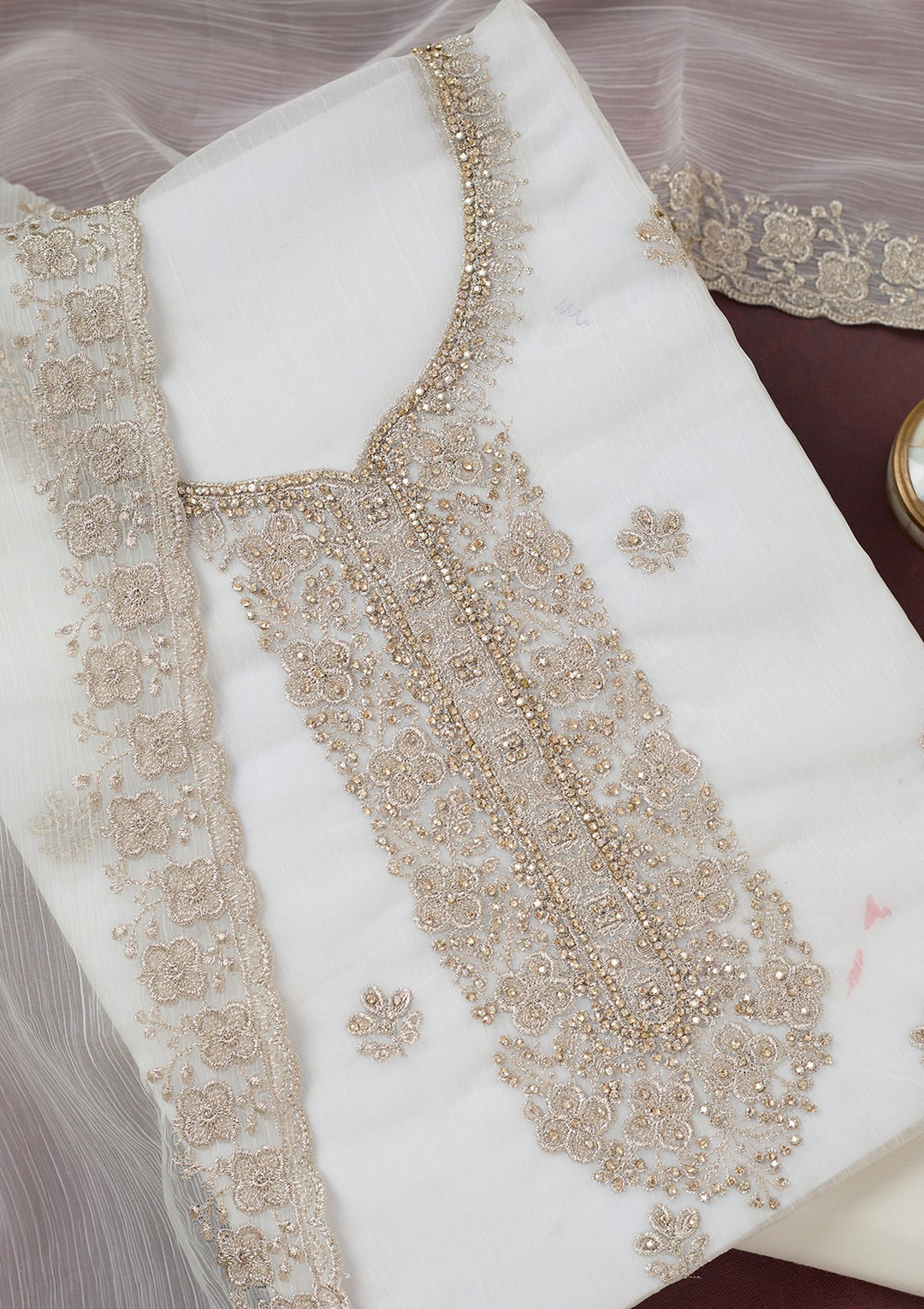 White Zariwork (Gold) Chinon Unstitched Salwar Suit-Koskii