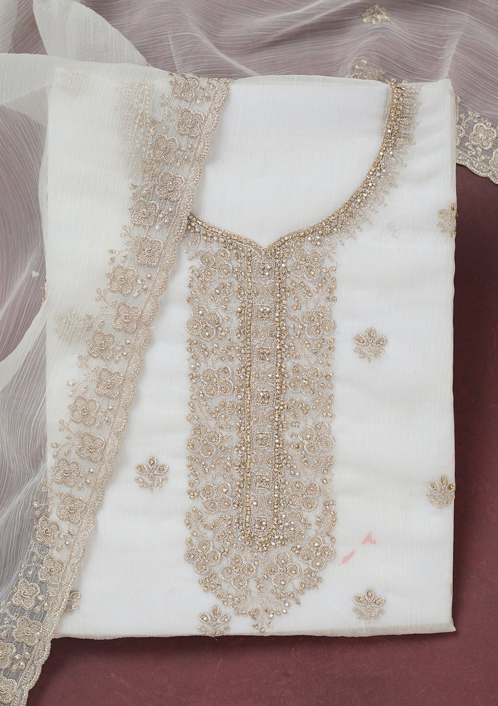 White Zariwork (Gold) Chinon Unstitched Salwar Suit-Koskii