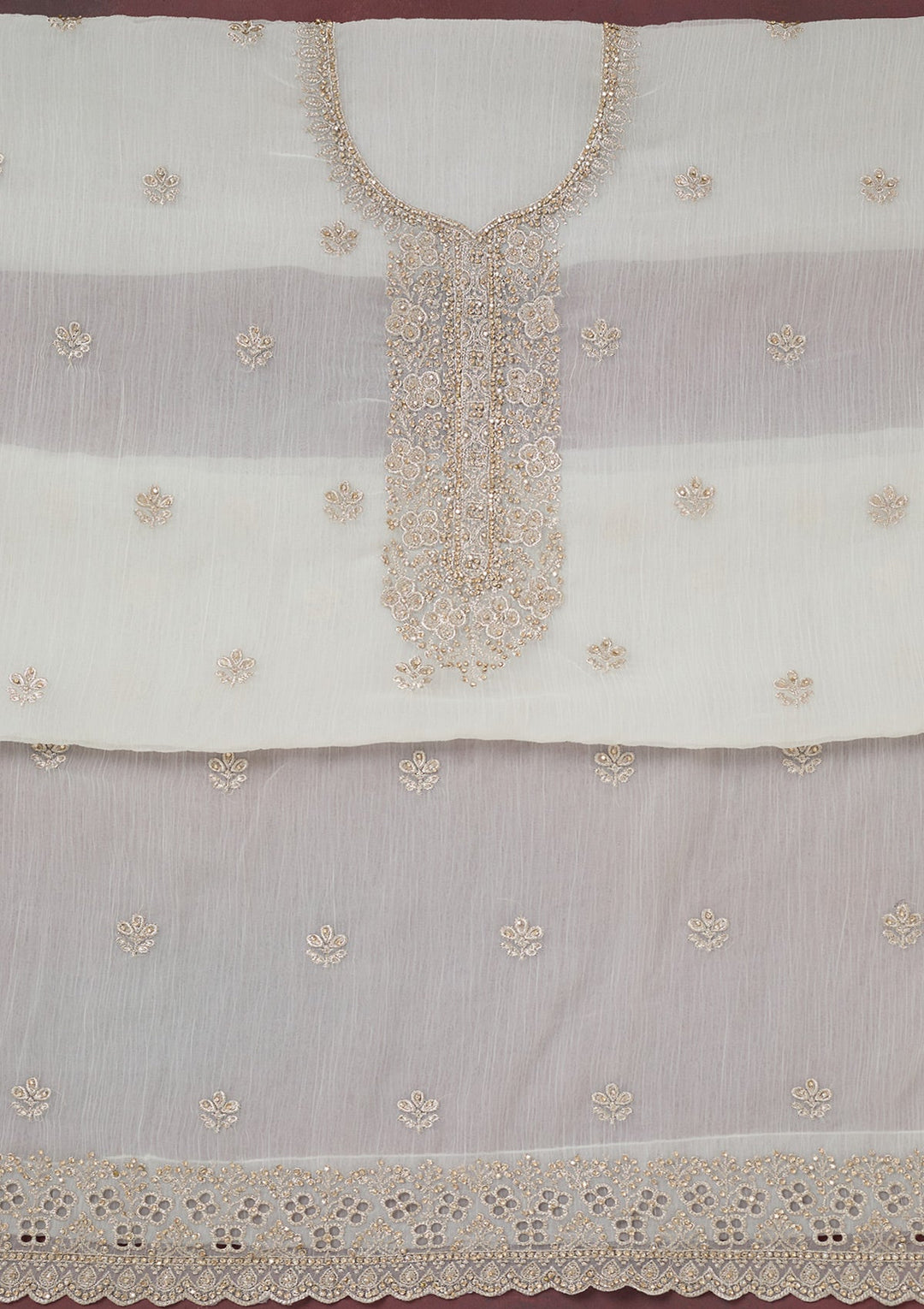 White Zariwork (Gold) Chinon Unstitched Salwar Suit-Koskii