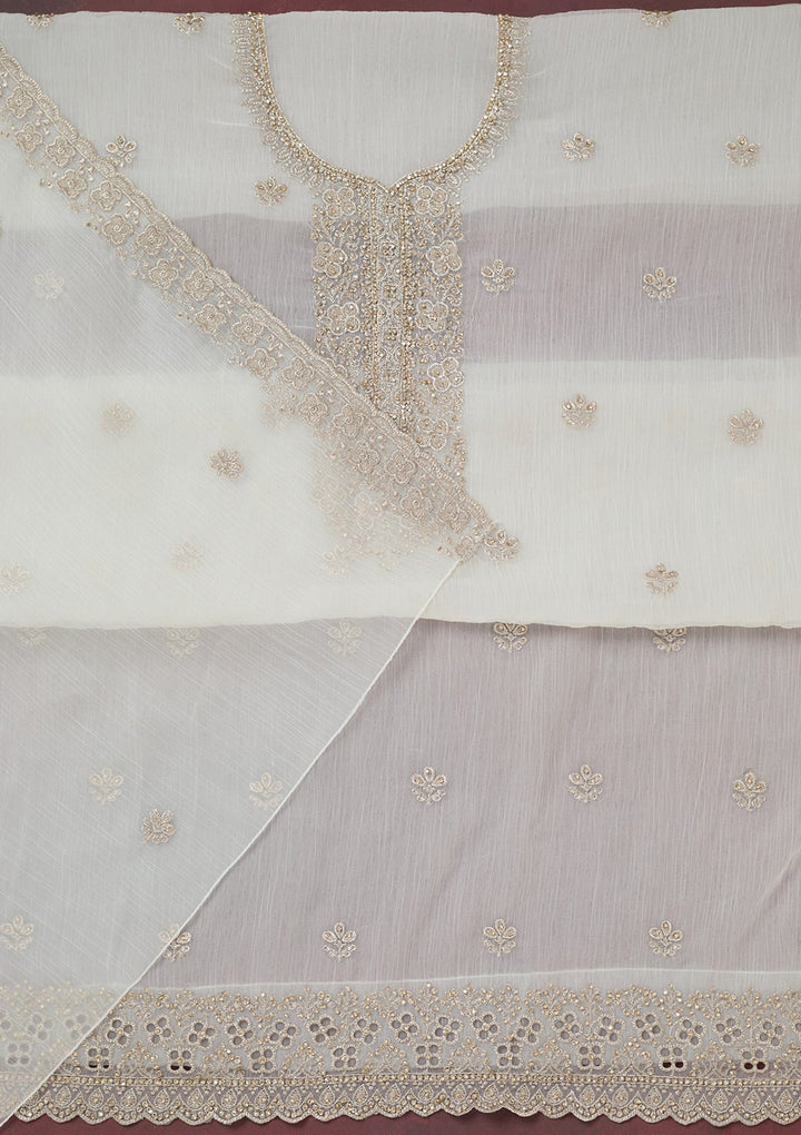 White Zariwork (Gold) Chinon Unstitched Salwar Suit-Koskii