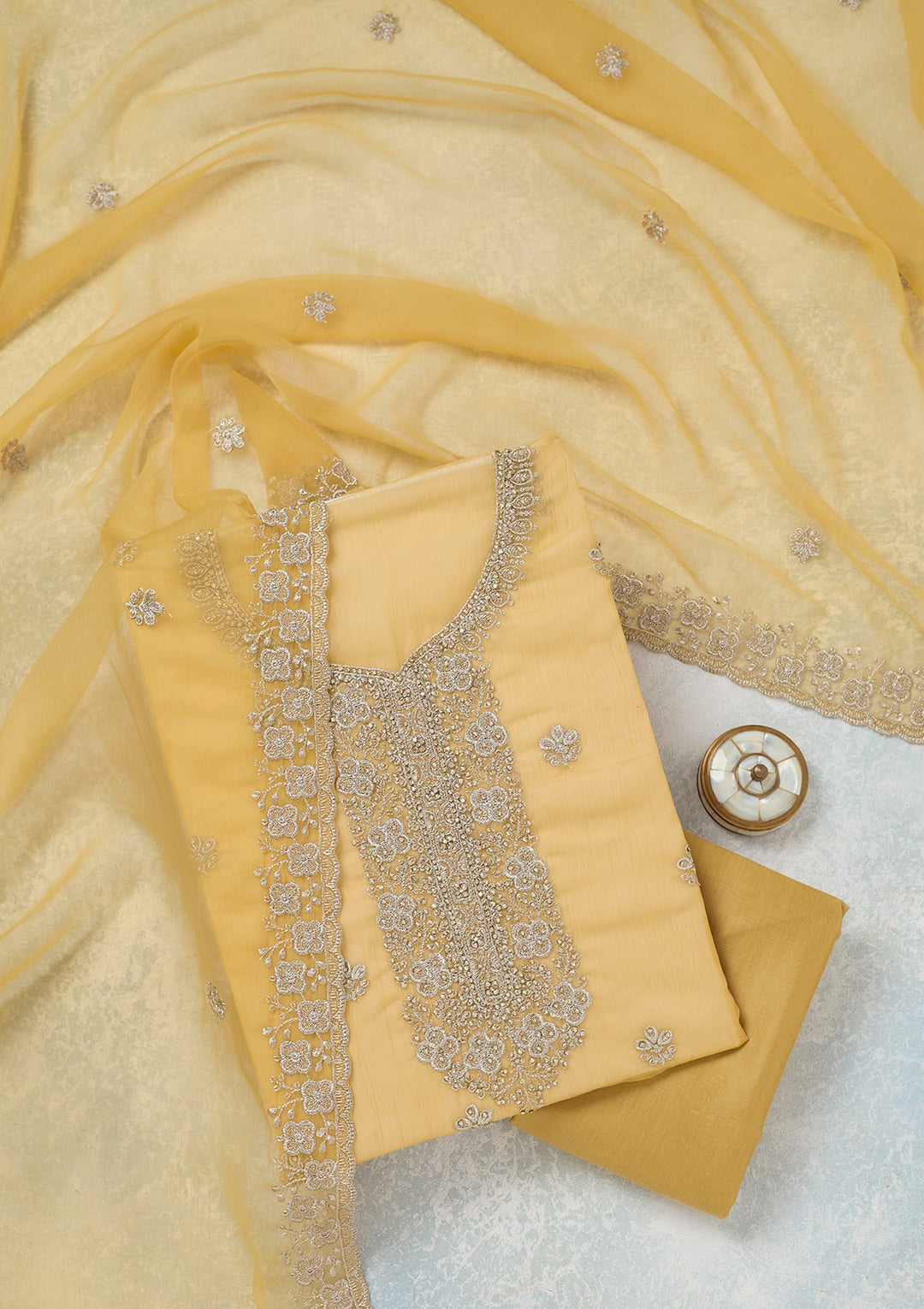 Yellow Zariwork (Gold) Chinon Unstitched Salwar Suit-Koskii