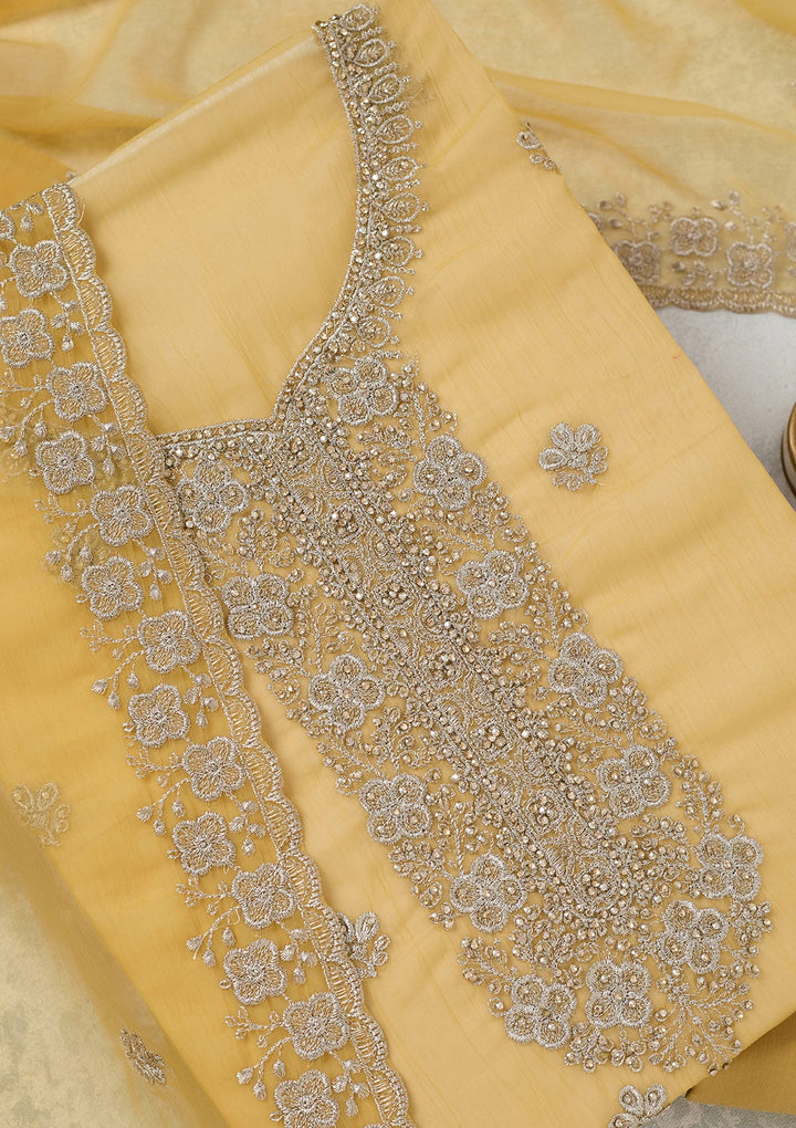 Yellow Zariwork (Gold) Chinon Unstitched Salwar Suit-Koskii