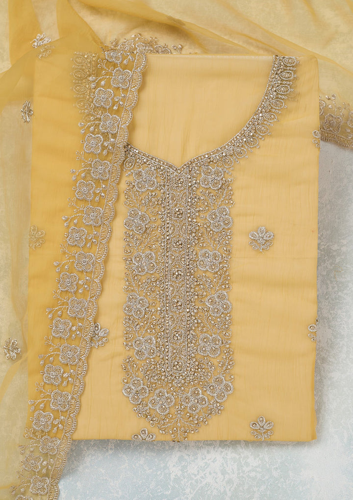 Yellow Zariwork (Gold) Chinon Unstitched Salwar Suit-Koskii