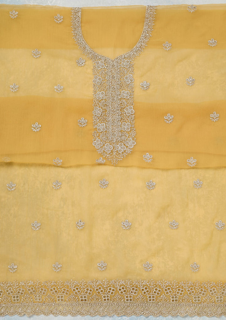 Yellow Zariwork (Gold) Chinon Unstitched Salwar Suit-Koskii