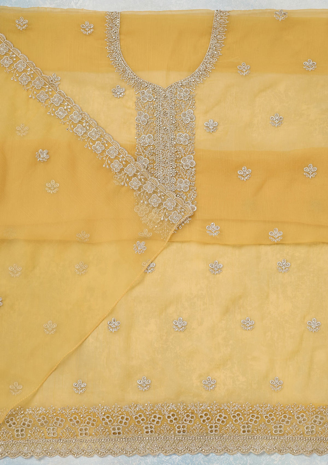 Yellow Zariwork (Gold) Chinon Unstitched Salwar Suit-Koskii