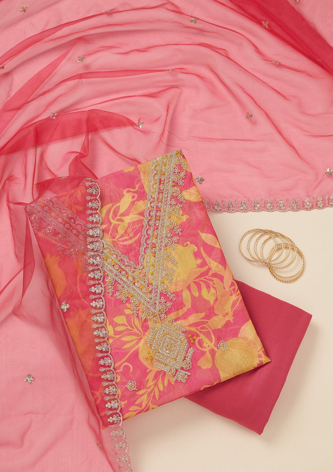 Mustard Zariwork (Gold) Organza Unstitched Salwar Suit_koskii