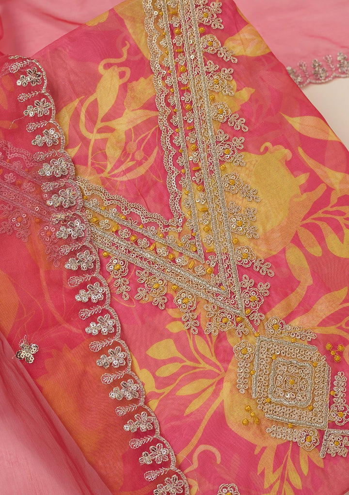 Mustard Zariwork (Gold) Organza Unstitched Salwar Suit_koskii