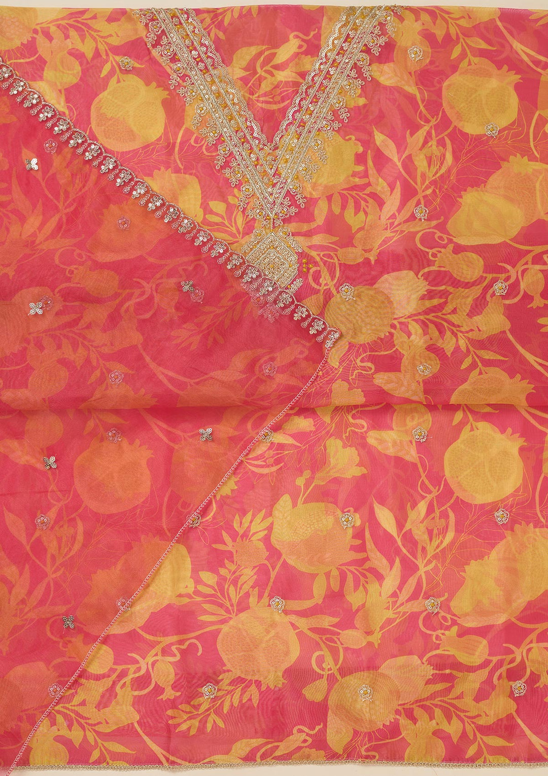 Mustard Zariwork (Gold) Organza Unstitched Salwar Suit_koskii
