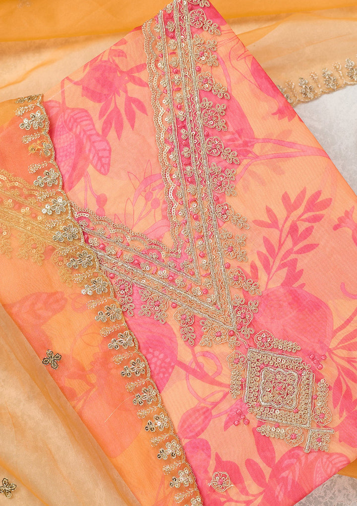 Orange Zariwork (Gold) Organza Unstitched Salwar Suit