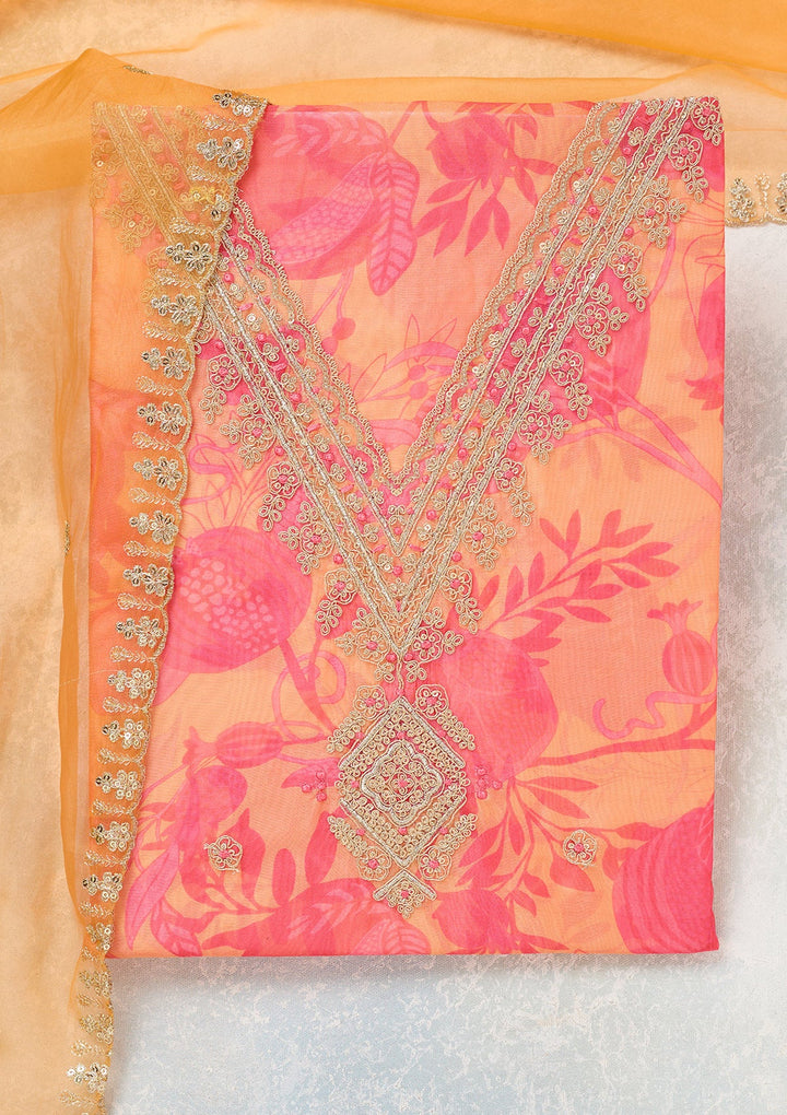 Orange Zariwork (Gold) Organza Unstitched Salwar Suit