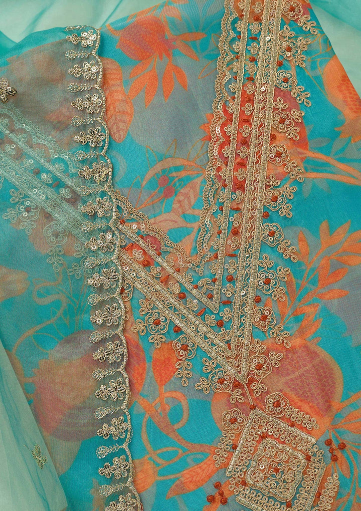 Turquoise Blue Zariwork (Gold) Organza Unstitched Salwar Suit_koskii