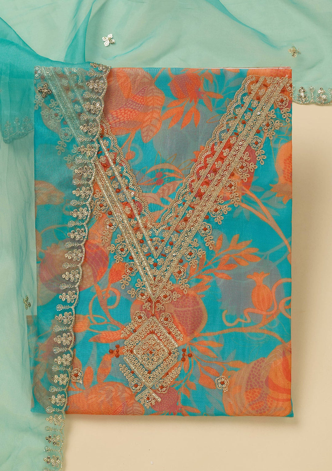 Turquoise Blue Zariwork (Gold) Organza Unstitched Salwar Suit_koskii