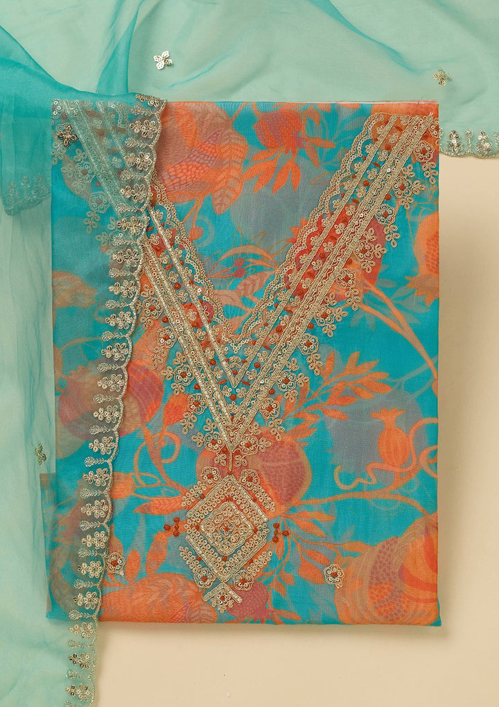 Turquoise Blue Zariwork (Gold) Organza Unstitched Salwar Suit_koskii