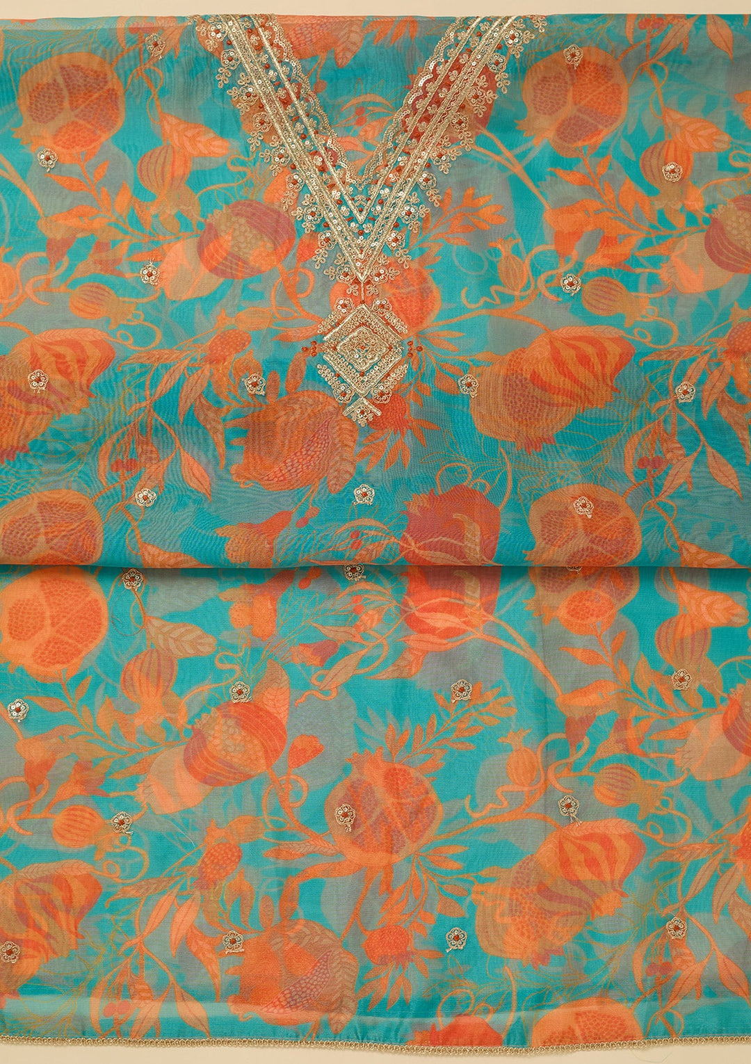 Turquoise Blue Zariwork (Gold) Organza Unstitched Salwar Suit_koskii