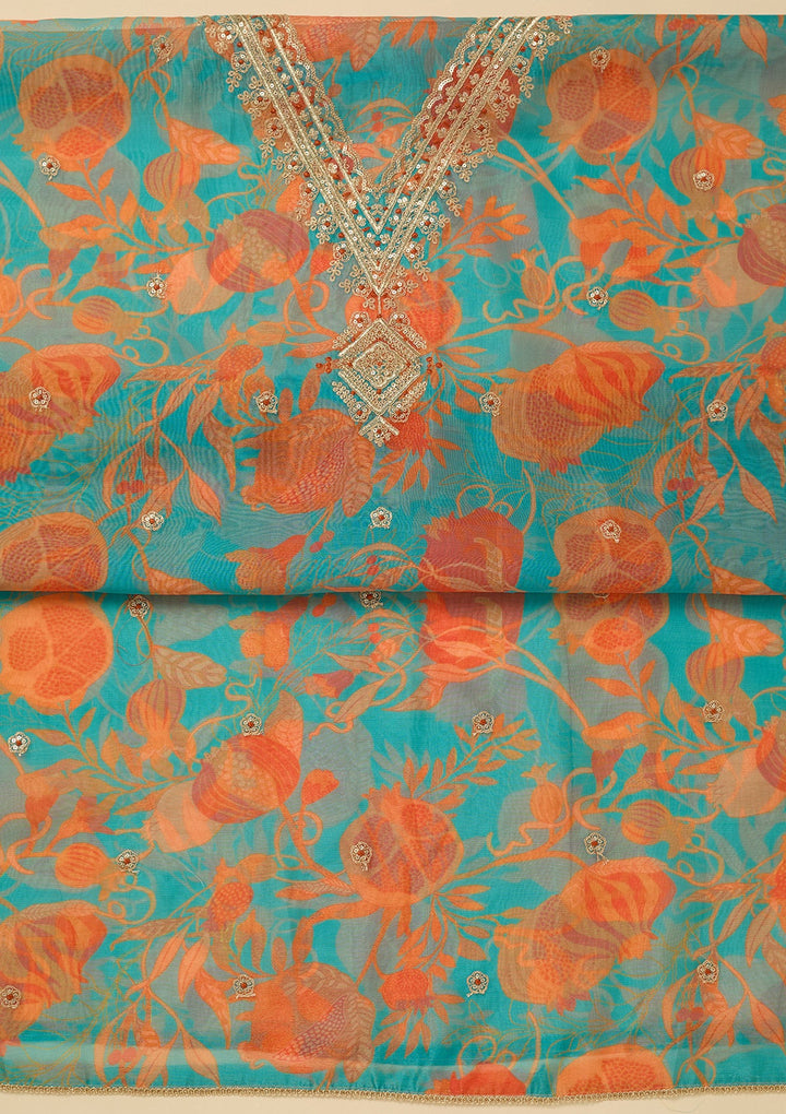 Turquoise Blue Zariwork (Gold) Organza Unstitched Salwar Suit_koskii