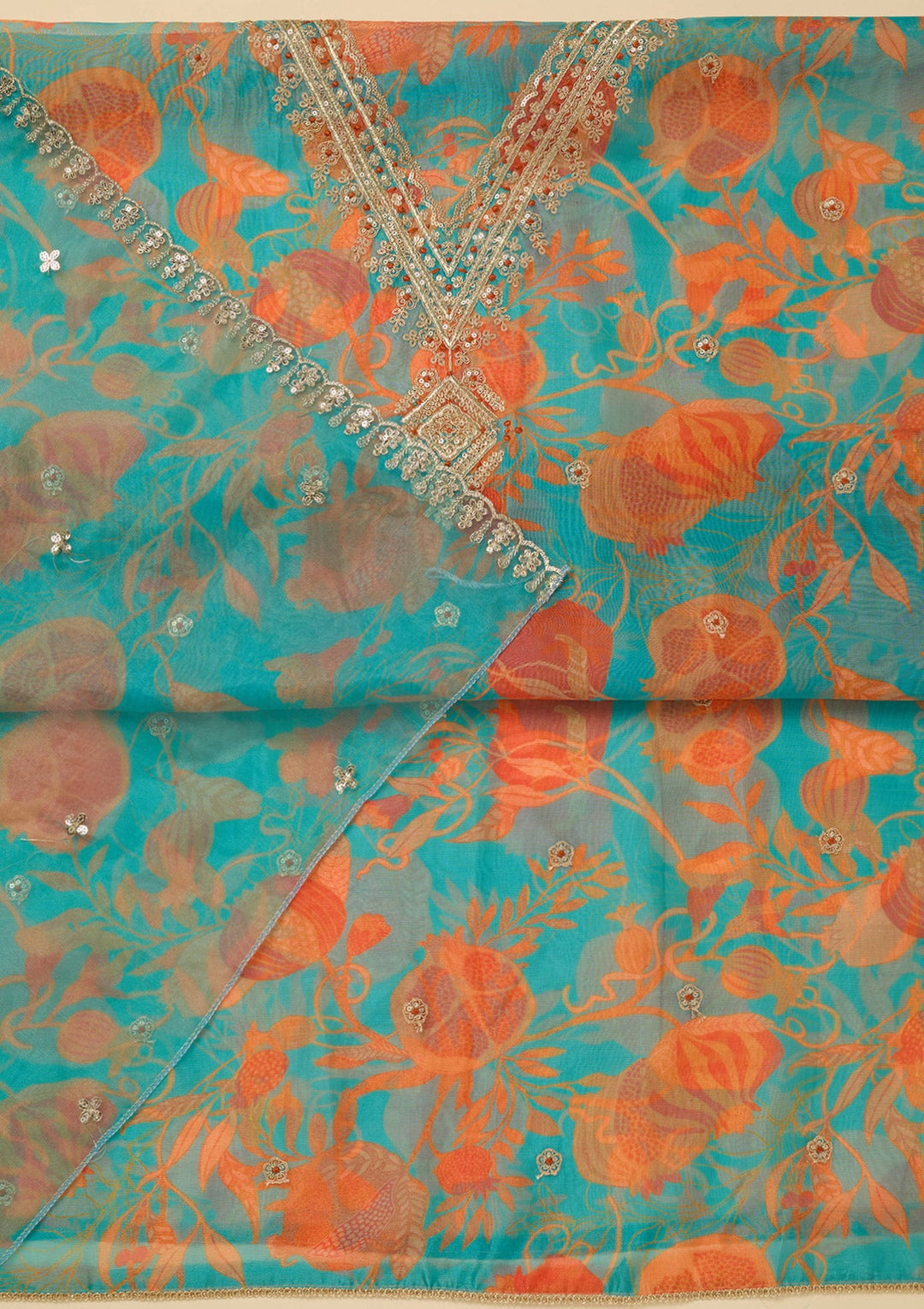 Turquoise Blue Zariwork (Gold) Organza Unstitched Salwar Suit_koskii