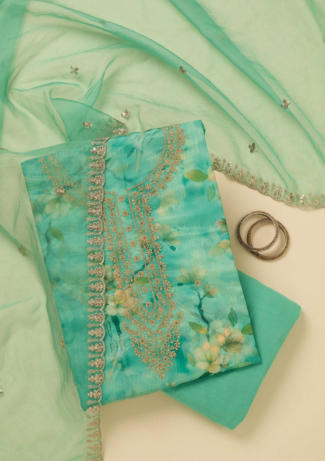Leaf Green Zariwork (Gold) Organza Unstitched Salwar Suit_koskii